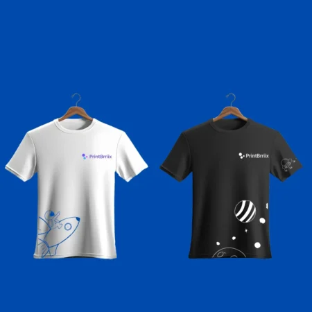 two t - shirts on a hanger against a blue background