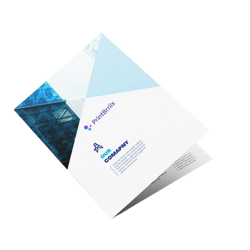 a corporate brochure with a sleek design, featuring the logo and name "printbrix" on the front cover, placed over a blurred architectural background.