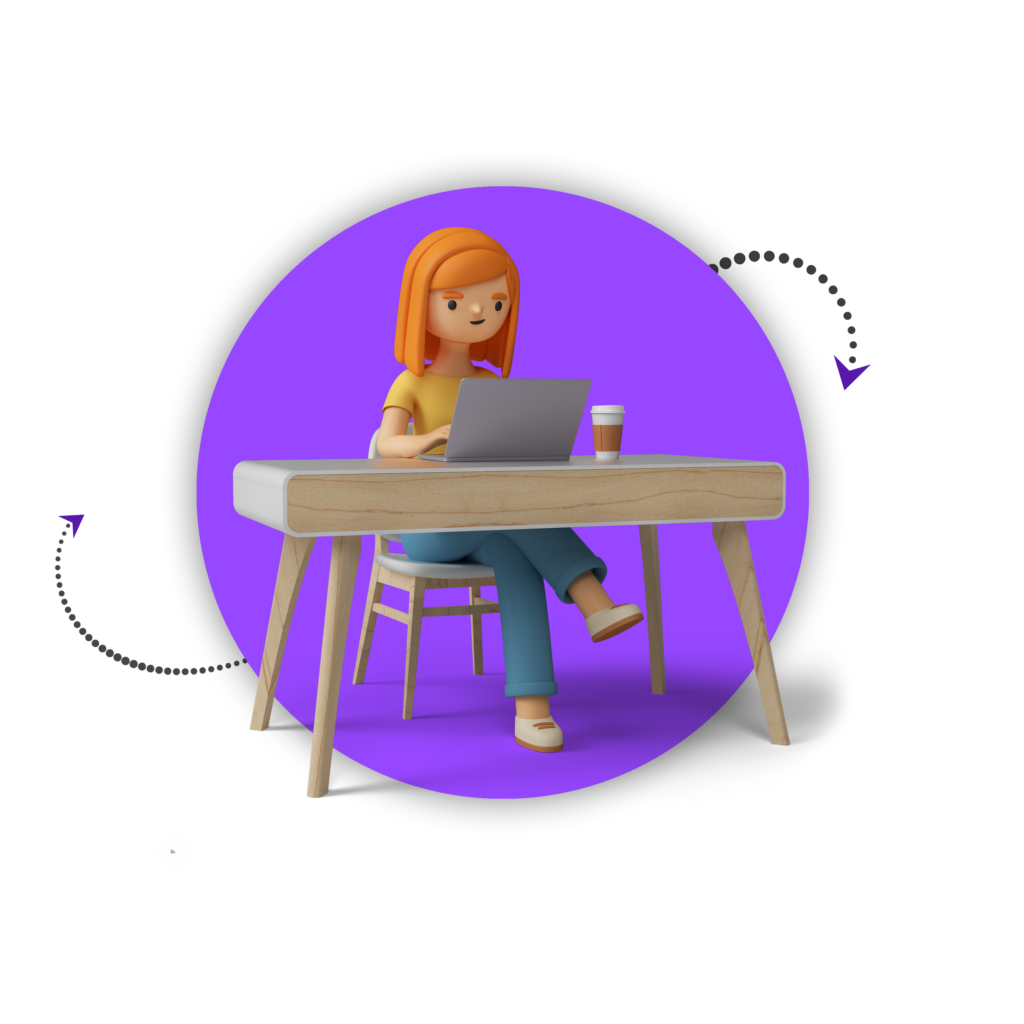 cartoon character sitting at a table with a laptop