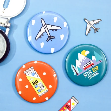 a group of buttons with images and a compass