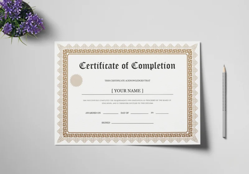 a certificate of completion on top of a desk